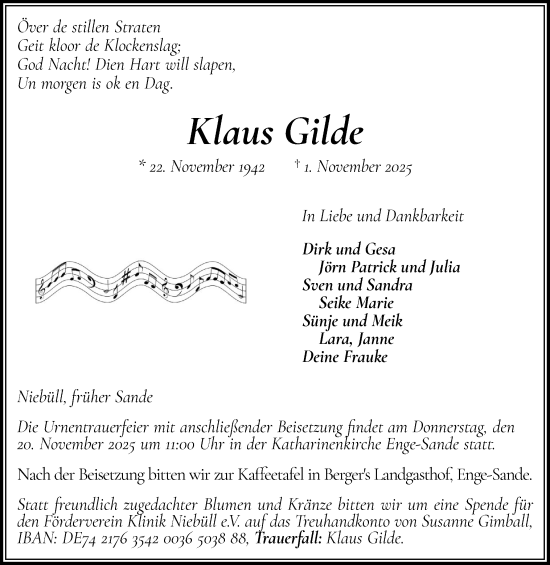 Traueranzeige von Klaus Gilde von Husumer Nachrichten, Nordfriesland Tageblatt