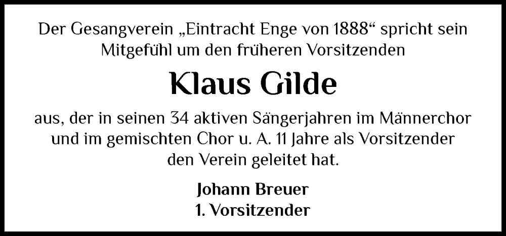  Traueranzeige für Klaus Gilde vom 20.11.2025 aus Husumer Nachrichten, Nordfriesland Tageblatt