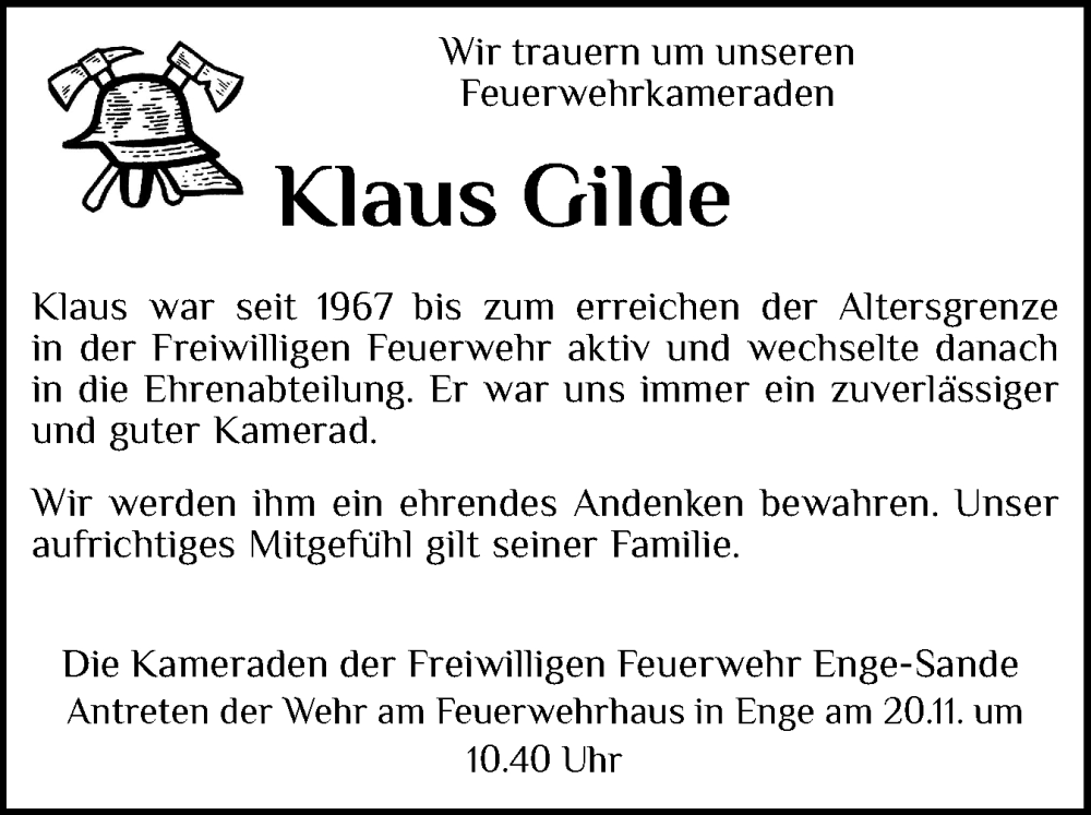  Traueranzeige für Klaus Gilde vom 19.11.2025 aus Husumer Nachrichten, Nordfriesland Tageblatt