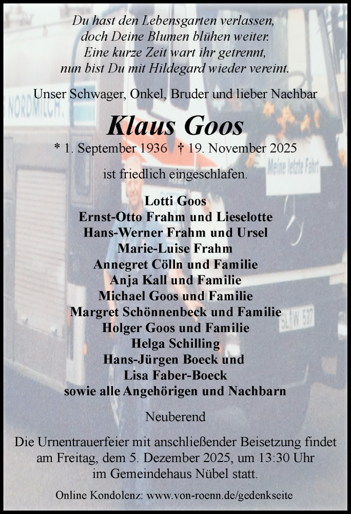  Traueranzeige für Klaus Goos vom 29.11.2025 aus Schleswiger Nachrichten, Schlei-Bote