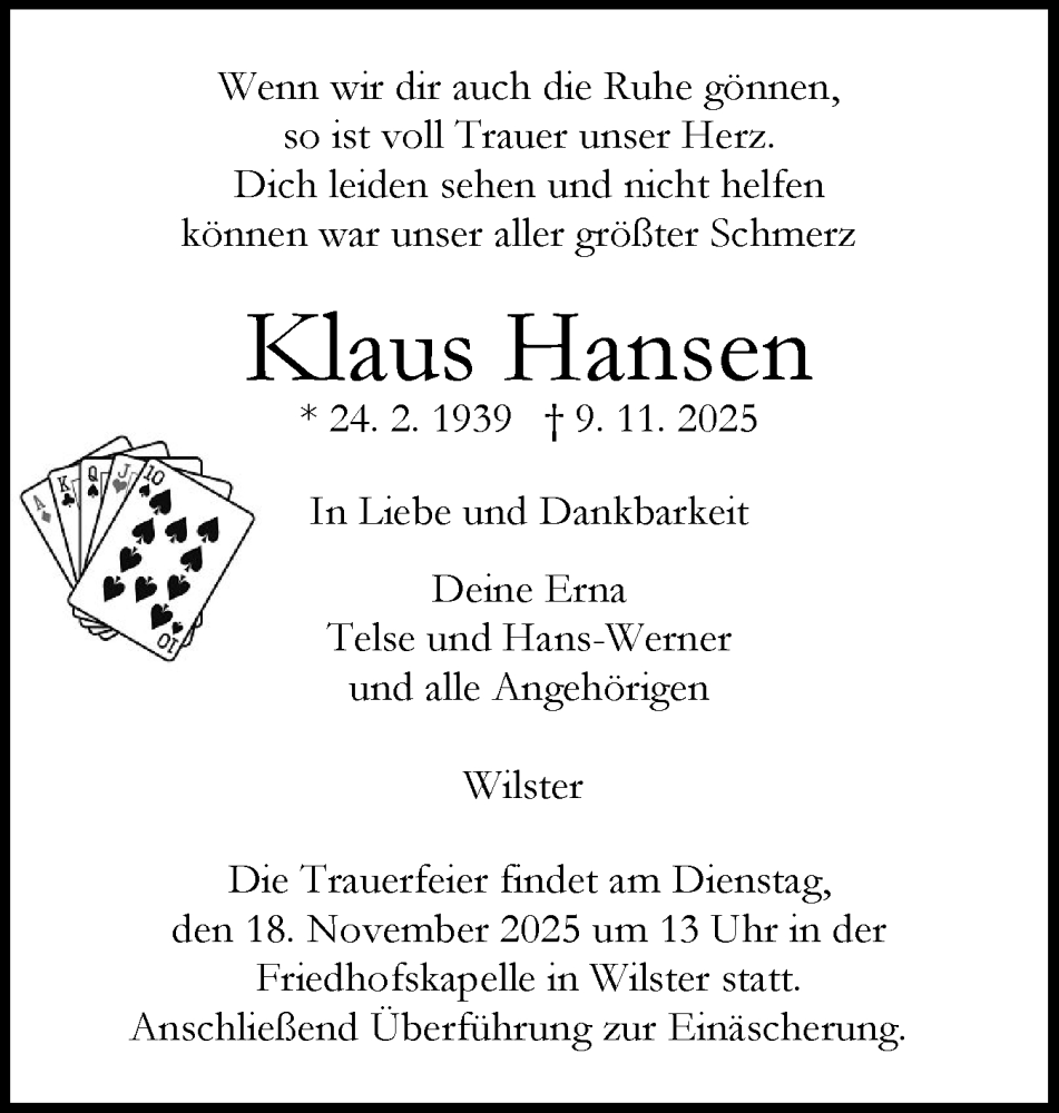  Traueranzeige für Klaus Hansen vom 15.11.2025 aus Norddeutsche Rundschau, Wilstersche Zeitung, Glückstädter Fortuna