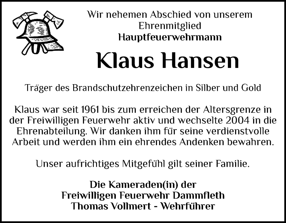  Traueranzeige für Klaus Hansen vom 15.11.2025 aus Norddeutsche Rundschau, Wilstersche Zeitung, Glückstädter Fortuna