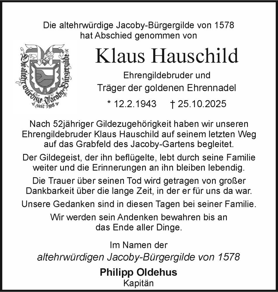  Traueranzeige für Klaus Hauschild vom 08.11.2025 aus Holsteinischer Courier