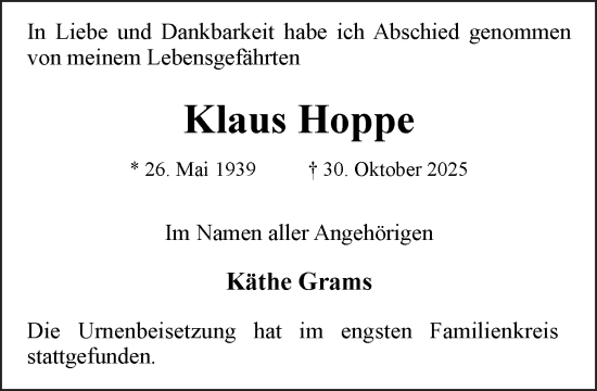 Traueranzeige von Klaus Hoppe von MARKT Ratzeburg/Mölln