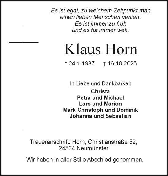Traueranzeige von Klaus Horn von Holsteinischer Courier