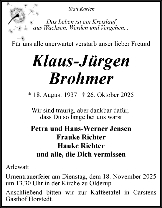 Traueranzeige von Klaus-Jürgen Brohmer von Husumer Nachrichten, Nordfriesland Tageblatt