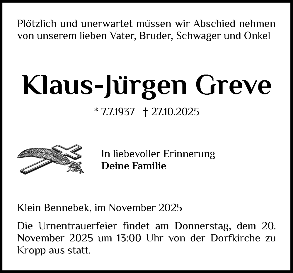  Traueranzeige für Klaus-Jürgen Greve vom 13.11.2025 aus Schleswig-Holsteinische Landeszeitung