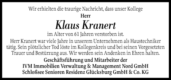 Traueranzeige von Klaus Kranert von Flensburger Tageblatt
