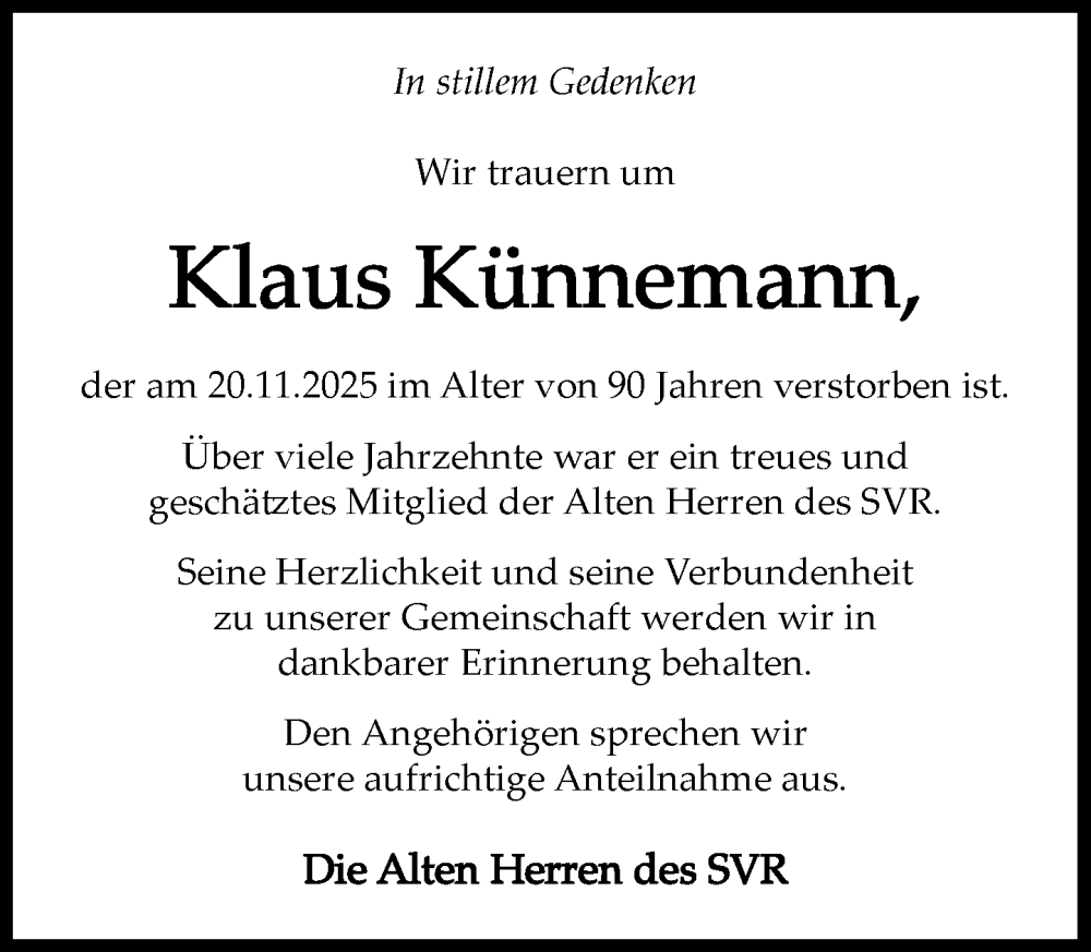  Traueranzeige für Klaus Künnemann vom 29.11.2025 aus Umschau