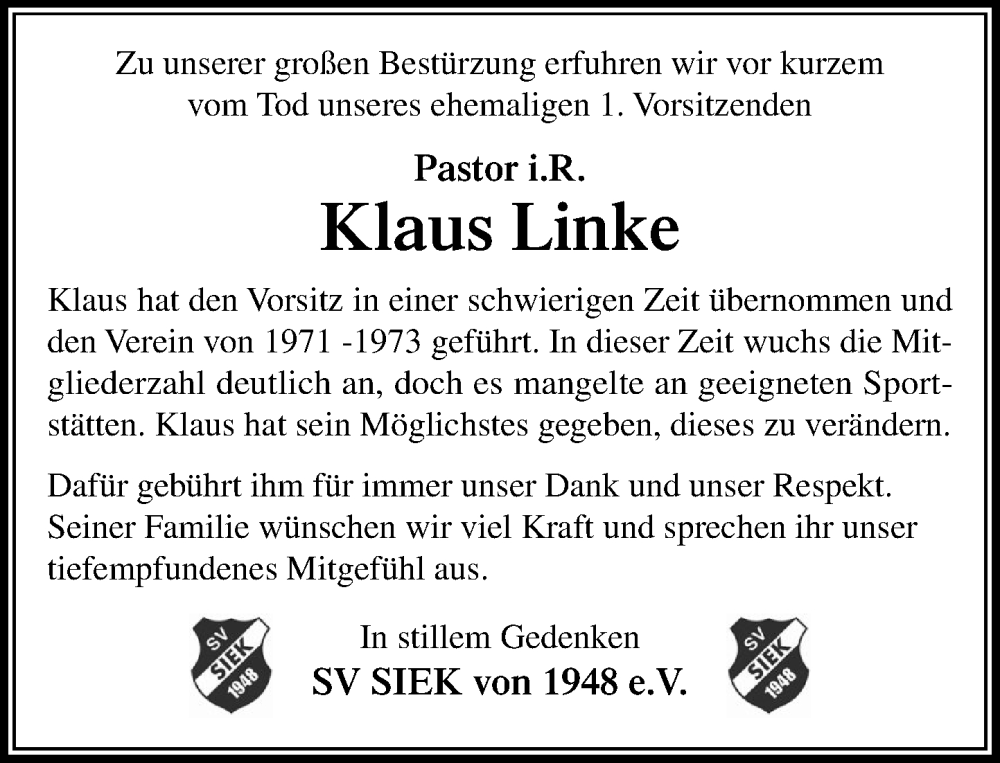  Traueranzeige für Klaus Linke vom 22.11.2025 aus MARKT Ahrensburg/Bargteheide/Trittau und Stormarner Tageblatt