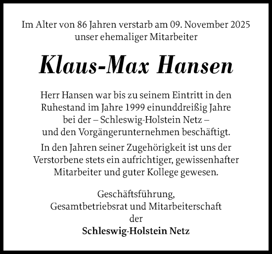 Traueranzeige von Klaus-Max Hansen von Norddeutsche Rundschau, Wilstersche Zeitung, Glückstädter Fortuna