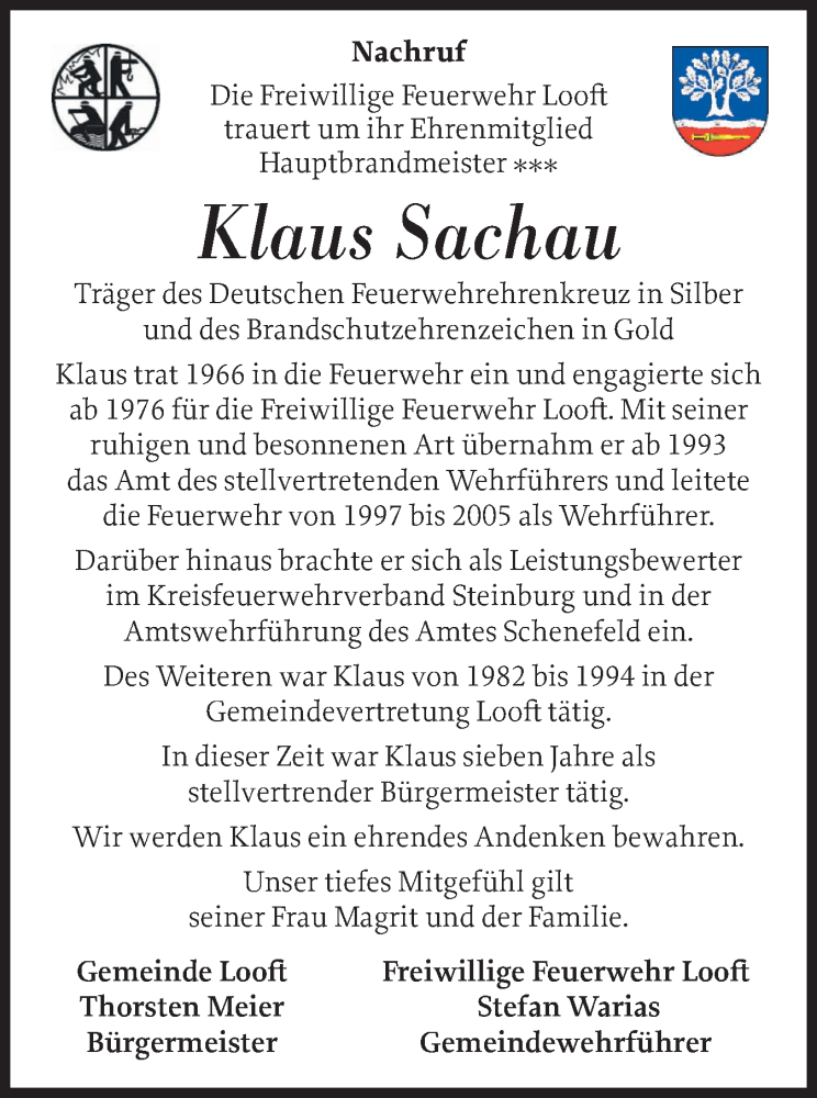  Traueranzeige für Klaus Sachau vom 15.11.2025 aus Norddeutsche Rundschau, Wilstersche Zeitung, Glückstädter Fortuna