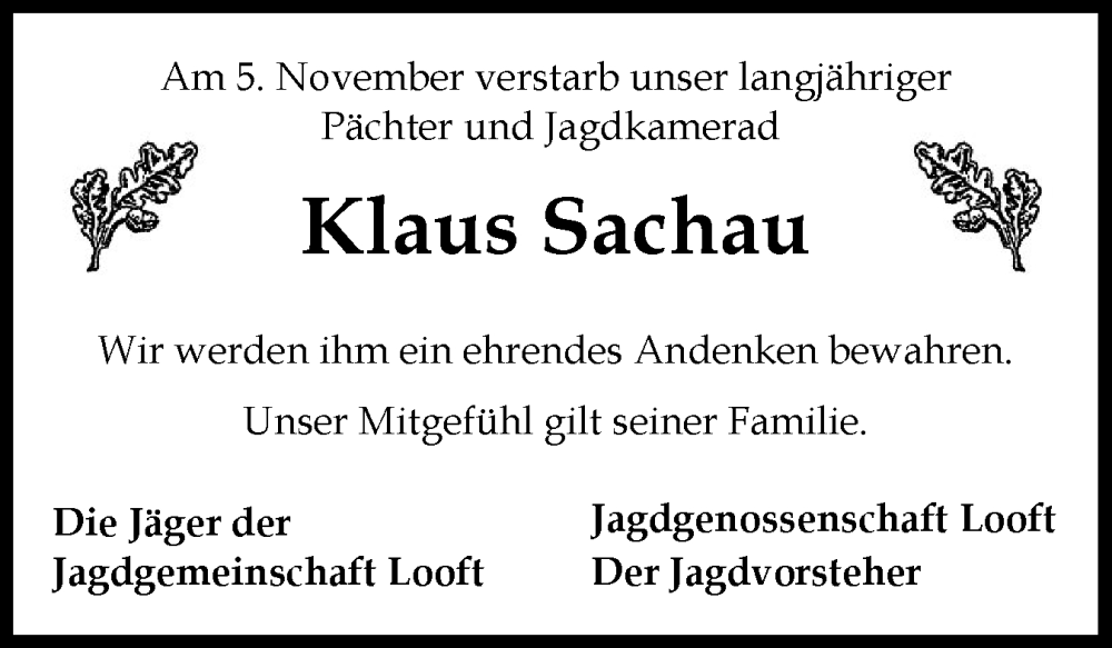  Traueranzeige für Klaus Sachau vom 08.11.2025 aus Norddeutsche Rundschau, Wilstersche Zeitung, Glückstädter Fortuna
