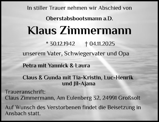 Traueranzeige von Klaus Zimmermann von Region Flensburg