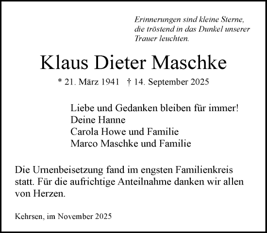 Traueranzeige von Klaus Dieter Maschke von MARKT Ratzeburg/Mölln