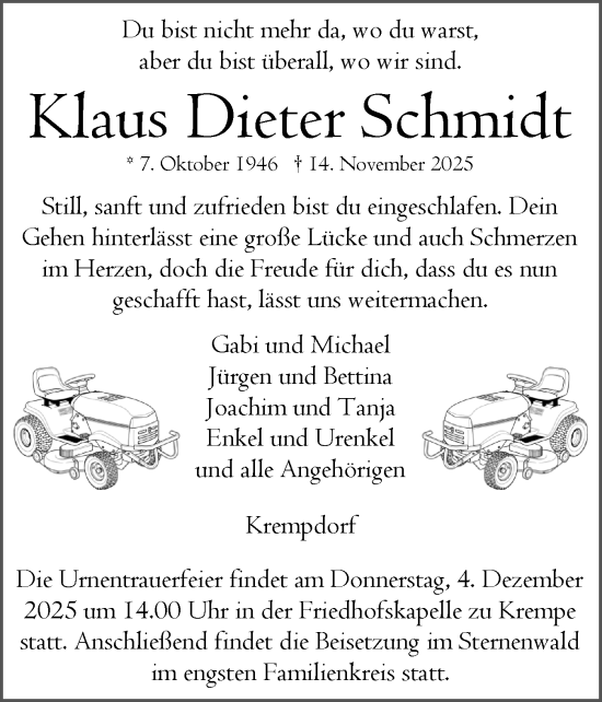 Traueranzeige von Klaus Dieter Schmidt von Norddeutsche Rundschau, Wilstersche Zeitung, Glückstädter Fortuna