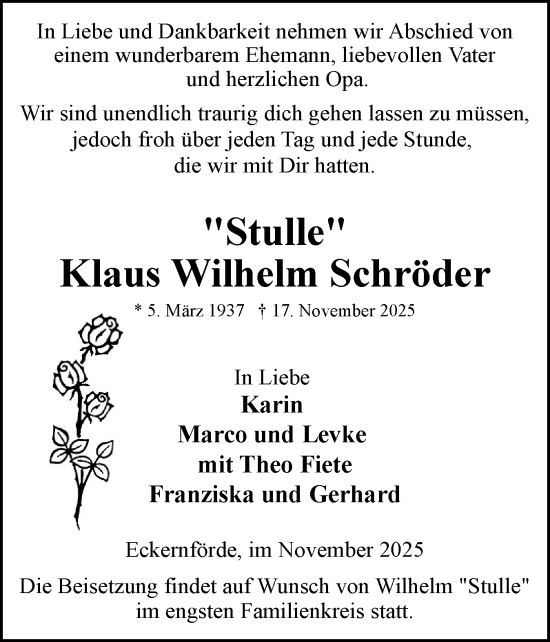 Traueranzeige von Klaus Wilhelm Schröder von Eckernförder Zeitung, Hallo Eckernförde