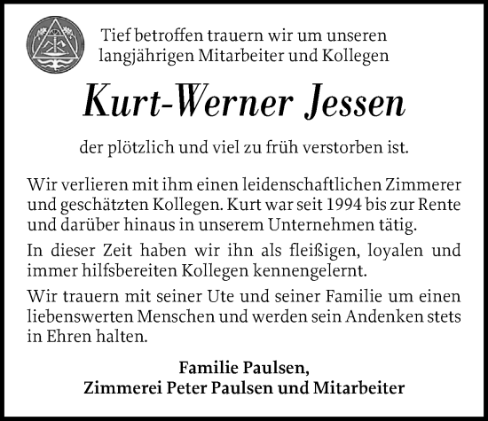 Traueranzeige von Kurt-Werner Jessen von Husumer Nachrichten, Nordfriesland Tageblatt