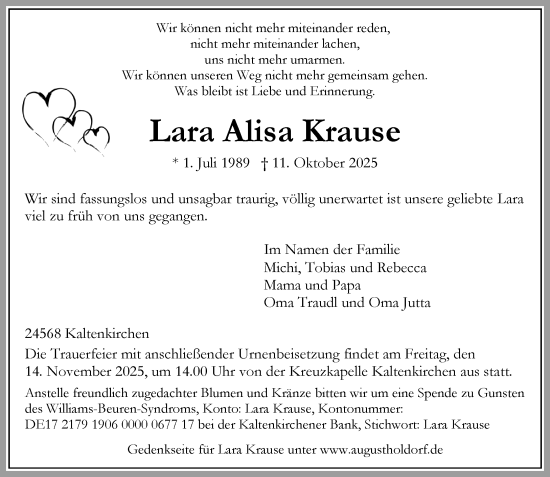 Traueranzeige von Lara Alisa Krause von Umschau