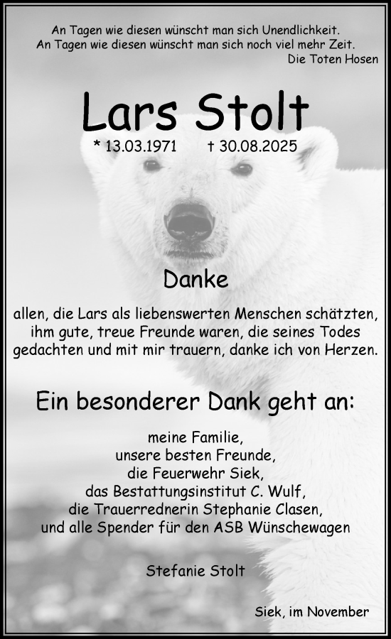 Traueranzeige von Lars Stolt von MARKT Ahrensburg/Bargteheide/Trittau und Stormarner Tageblatt