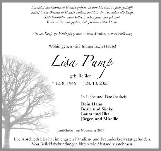 Traueranzeige von Lia Pump von Umschau