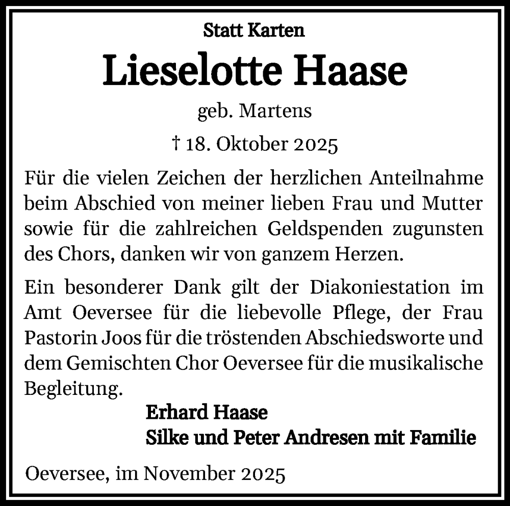  Traueranzeige für Lieselotte Haase vom 22.11.2025 aus Flensburger Tageblatt