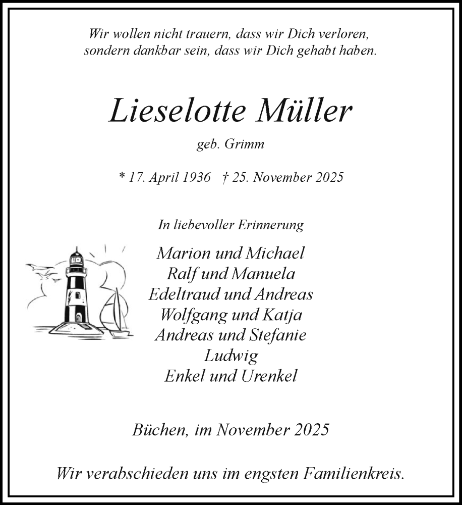  Traueranzeige für Lieselotte Müller vom 29.11.2025 aus Wochenend Anzeiger