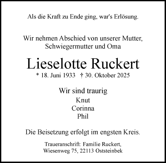 Traueranzeige von Lieselotte Ruckert von MARKT Glinde/Reinfeld