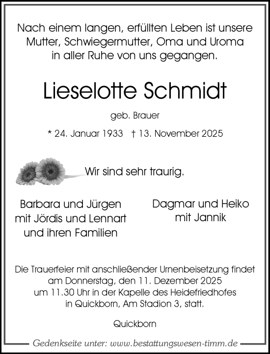 Traueranzeige von Lieselotte Schmidt von Umschau
