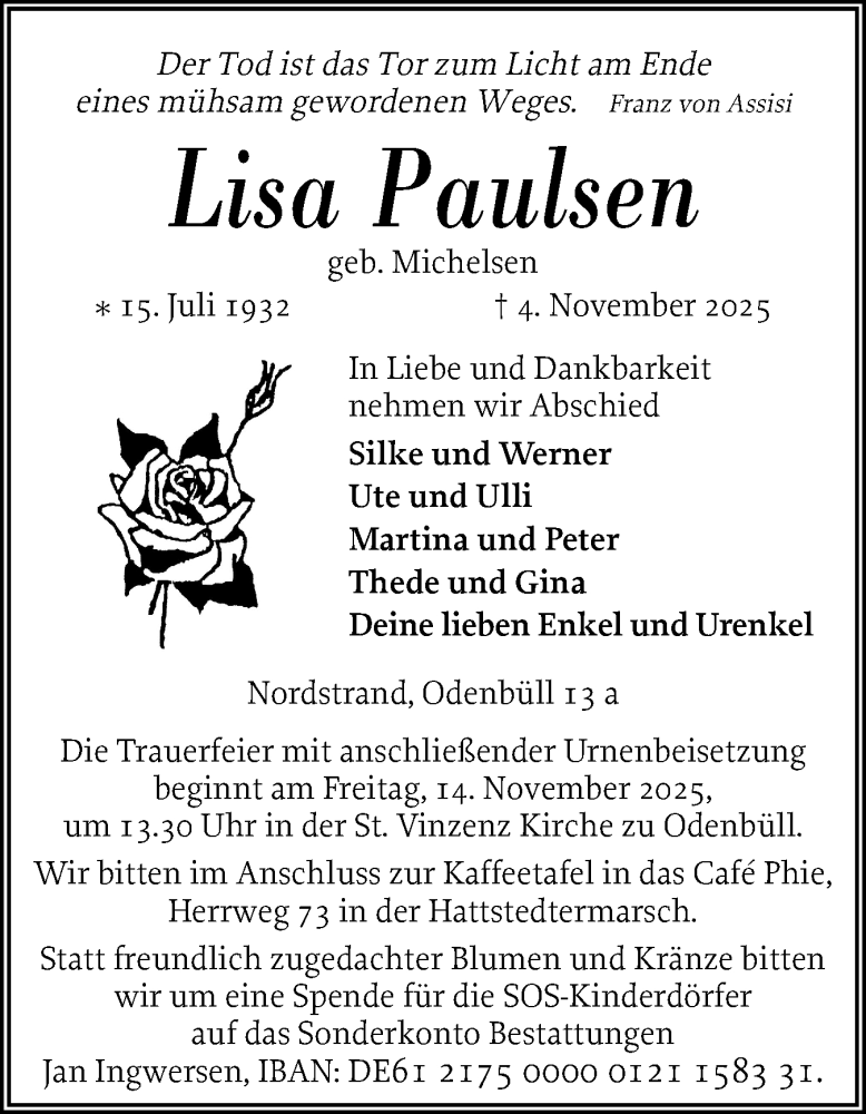  Traueranzeige für Lisa Paulsen vom 08.11.2025 aus Husumer Nachrichten, Nordfriesland Tageblatt
