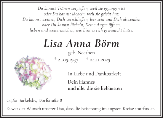Traueranzeige von Lisa Anna Börm von Eckernförder Zeitung, Hallo Eckernförde