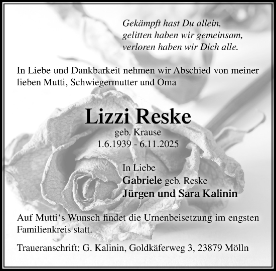 Traueranzeige von Lizzi Reske von MARKT Ratzeburg/Mölln