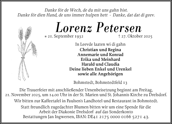 Traueranzeige von Lorenz Petersen von Husumer Nachrichten, Nordfriesland Tageblatt