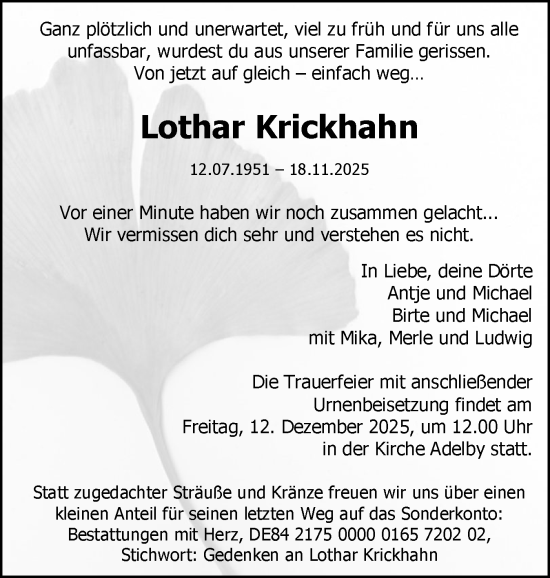 Traueranzeige von Lothar Krickhahn von Flensburger Tageblatt