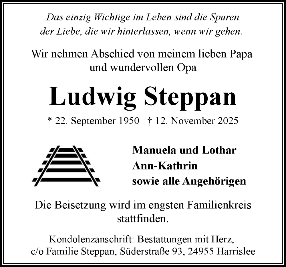  Traueranzeige für Ludwig Steppan vom 22.11.2025 aus Flensburger Tageblatt