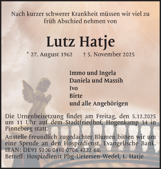 Traueranzeige von Lutz Hatje von Region Pinneberg und tip Pinneberg