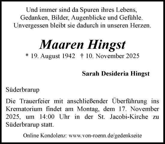 Traueranzeige von Maaren Hingst von Schleswiger Nachrichten, Schlei-Bote