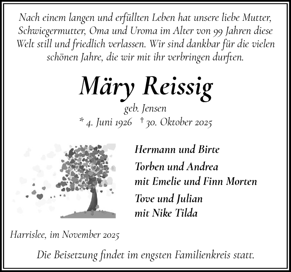  Traueranzeige für Märy Reissig vom 15.11.2025 aus Flensburger Tageblatt