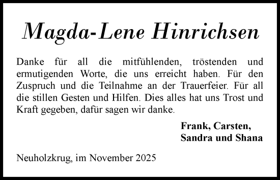 Traueranzeige von Magda-Lene Hinrichsen von Flensburger Tageblatt