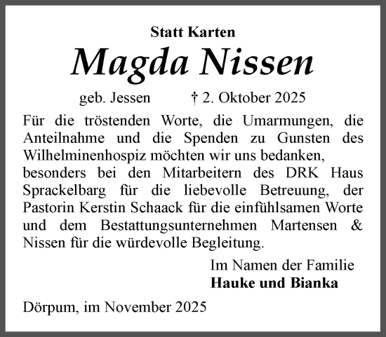 Traueranzeige von Magda Nissen von Husumer Nachrichten, Nordfriesland Tageblatt
