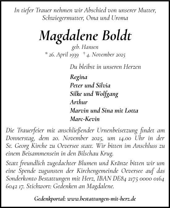 Traueranzeige von Magdalene Boldt von Flensburger Tageblatt