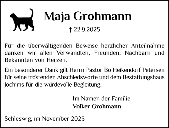 Traueranzeige von Maja Grohmann von Schleswiger Nachrichten, Schlei-Bote
