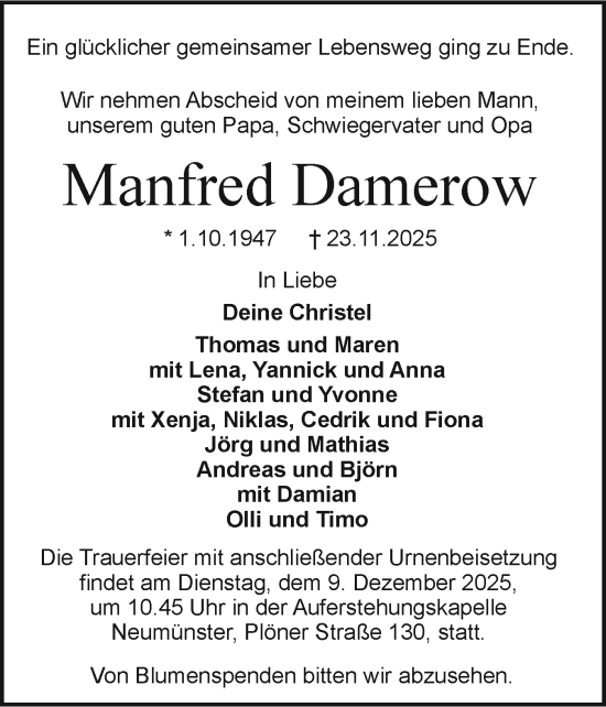 Traueranzeige von Manfred Damerow von Holsteinischer Courier