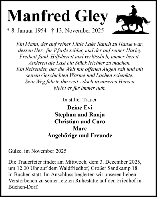 Traueranzeige von Manfred Gley von Wochenend Anzeiger