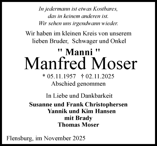 Traueranzeige von Manfred Moser von Flensburger Tageblatt