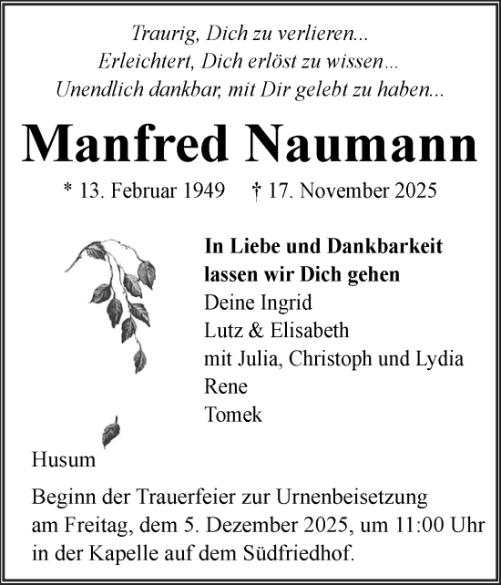 Traueranzeige von Manfred Naumann von Husumer Nachrichten, Nordfriesland Tageblatt