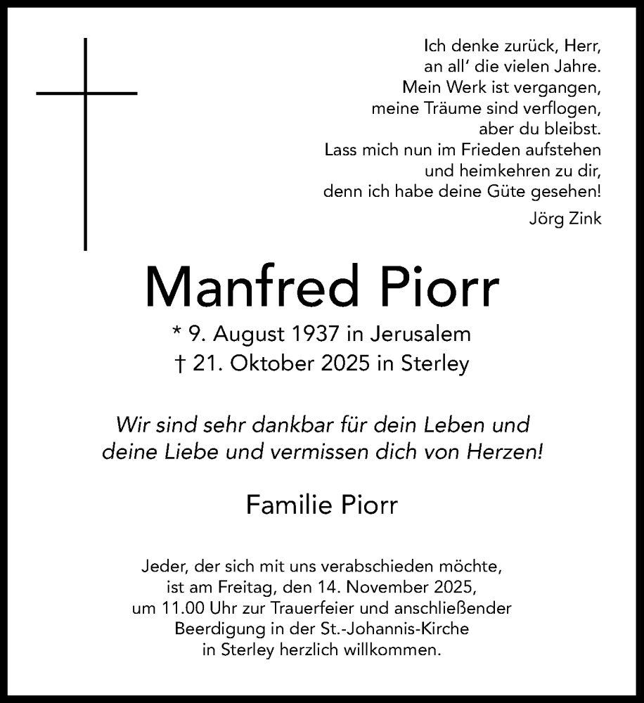  Traueranzeige für Manfred Piorr vom 08.11.2025 aus MARKT Ratzeburg/Mölln