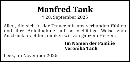 Traueranzeige von Manfred Tank von Husumer Nachrichten, Nordfriesland Tageblatt