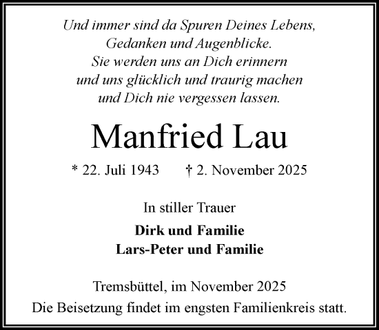 Traueranzeige von Manfried Lau von MARKT Ahrensburg/Bargteheide/Trittau und Stormarner Tageblatt