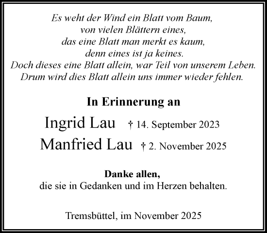 Traueranzeige von Manfried Lau von MARKT Ahrensburg/Bargteheide/Trittau und Stormarner Tageblatt